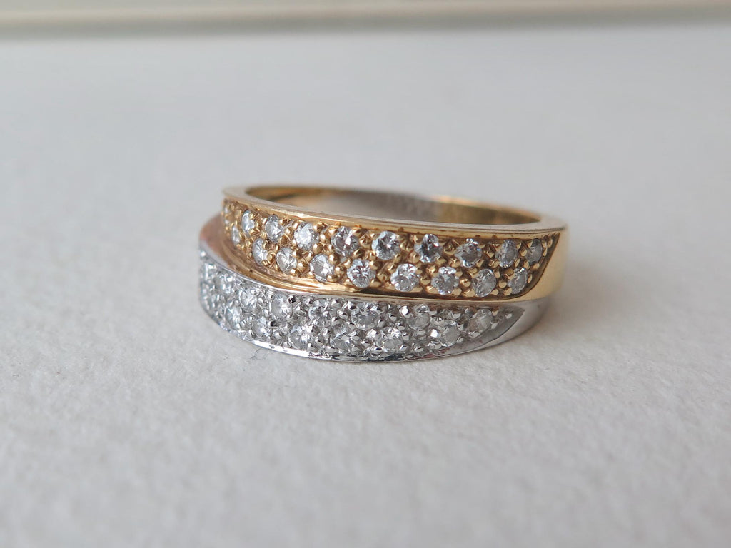 Vintage 18k Gold Diamond Double Band Ring: Yellow & White Gold