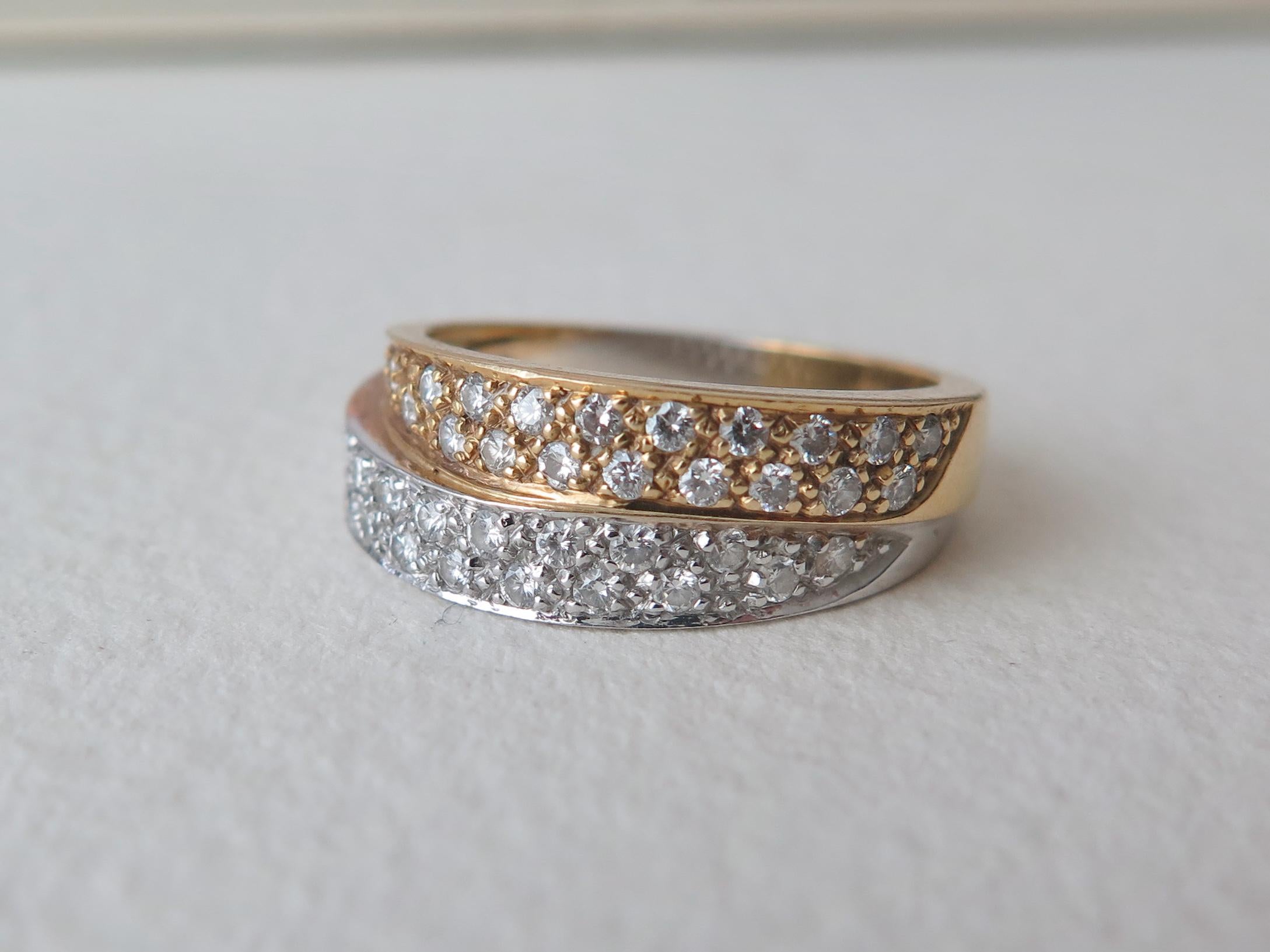 Vintage 18k Gold Diamond Double Band Ring: Yellow & White Gold