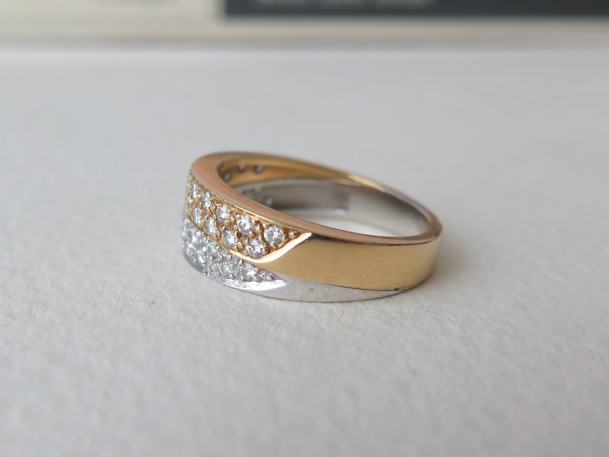 Vintage 18k Gold Diamond Double Band Ring: Yellow & White Gold