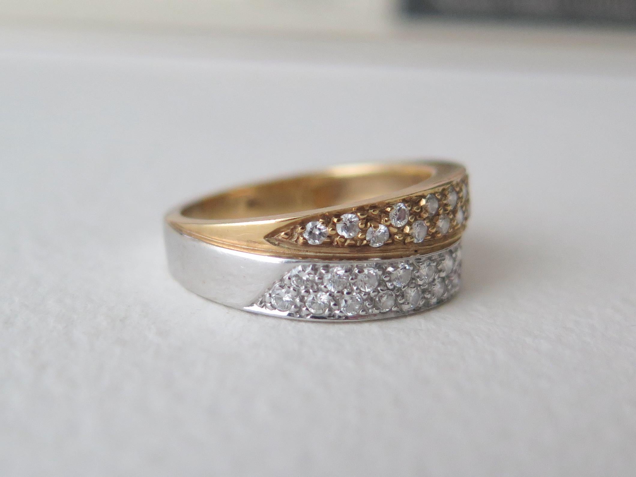 Vintage 18k Gold Diamond Double Band Ring: Yellow & White Gold