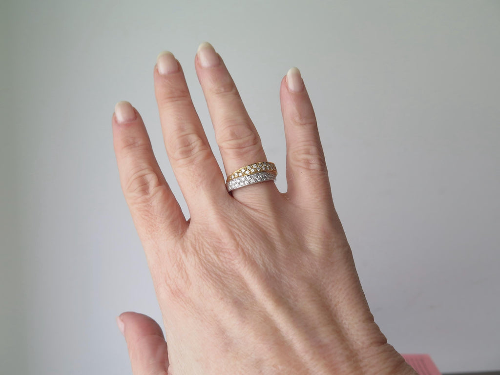 Vintage 18k Gold Diamond Double Band Ring: Yellow & White Gold