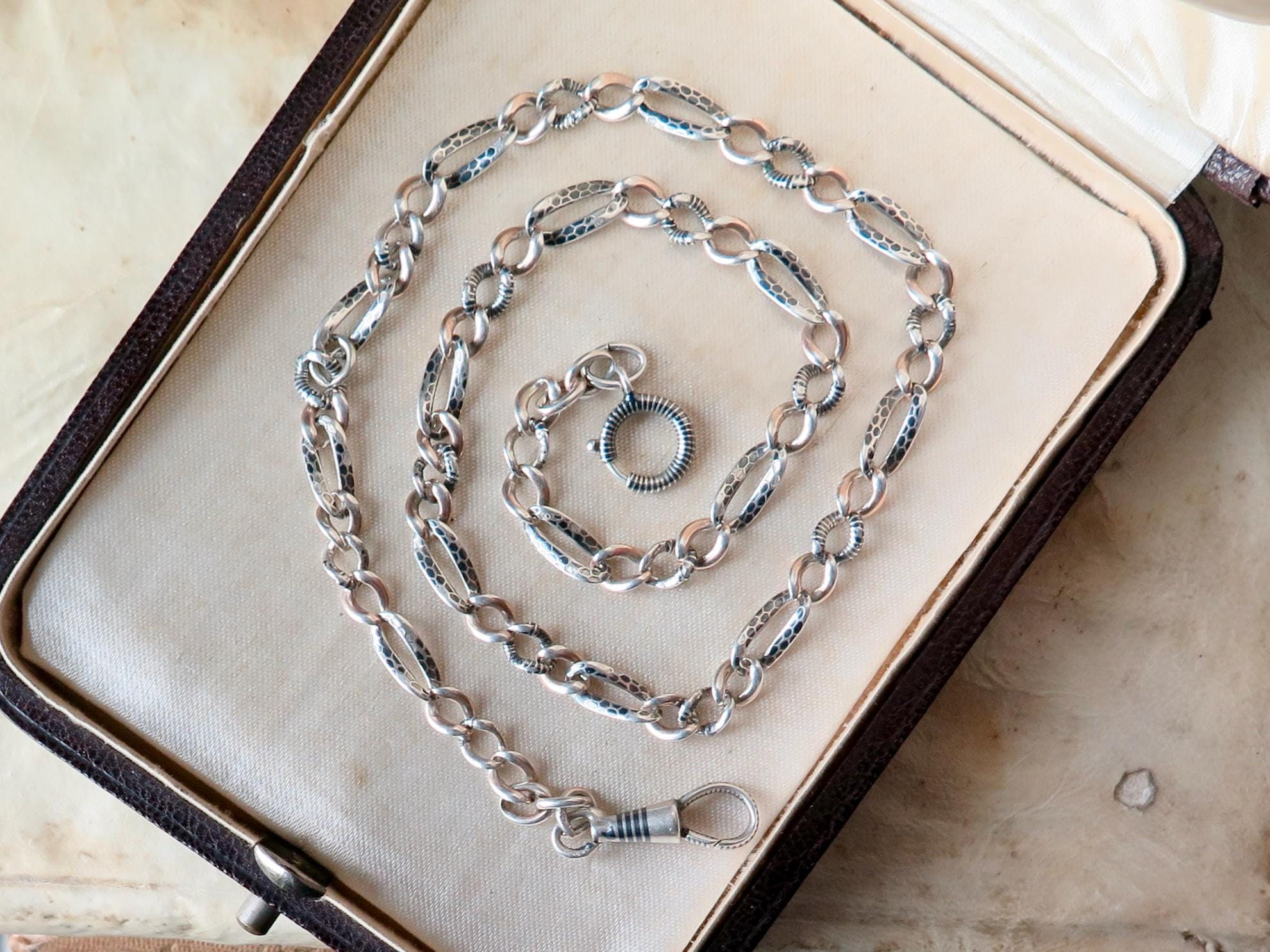 Antique Victorian Niello Silver Chain: Animalier Links, 20 Inch