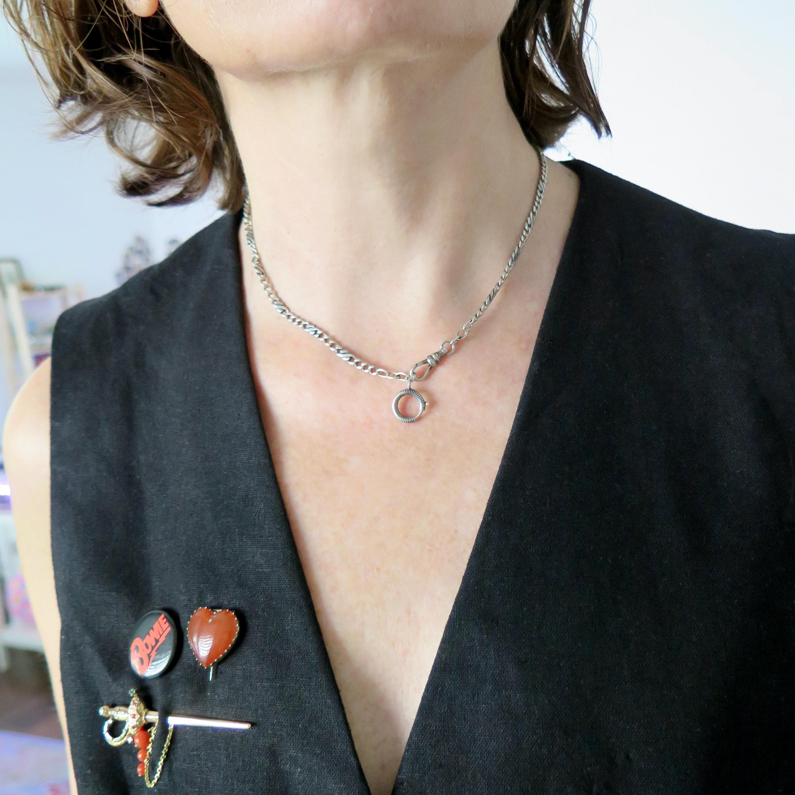 Antique Edwardian Niello Chain: 800 Silver Flat Link Necklace, 16.5"