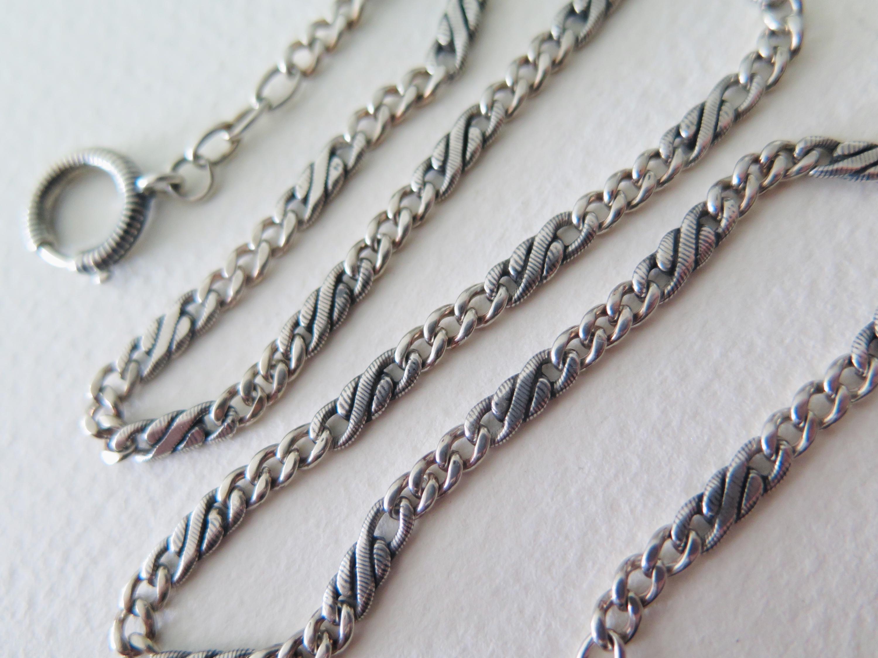 Antique Edwardian Niello Chain: 800 Silver Flat Link Necklace, 16.5"