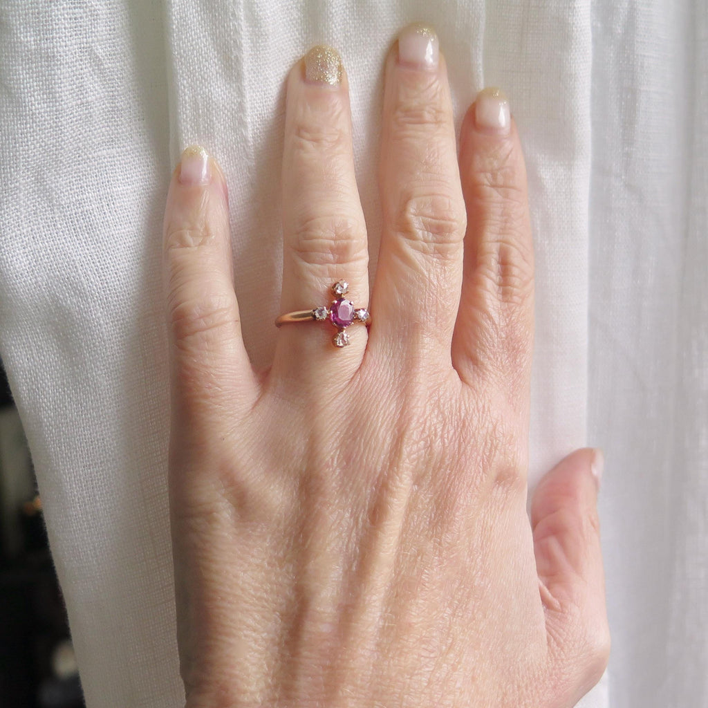 Antique Art Deco Ruby Ring: 18k Rose Gold, Rose Cut Diamonds