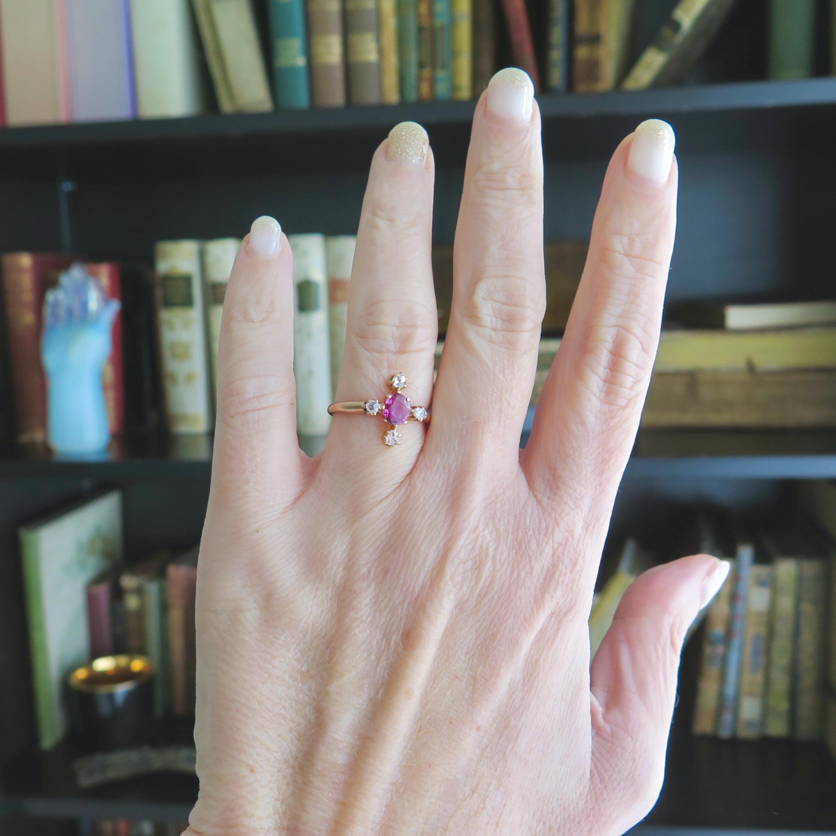Antique Art Deco Ruby Ring: 18k Rose Gold, Rose Cut Diamonds