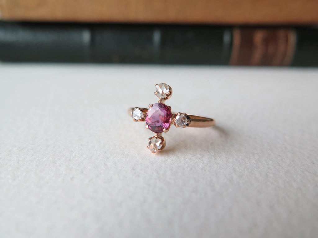 Antique Art Deco Ruby Ring: 18k Rose Gold, Rose Cut Diamonds