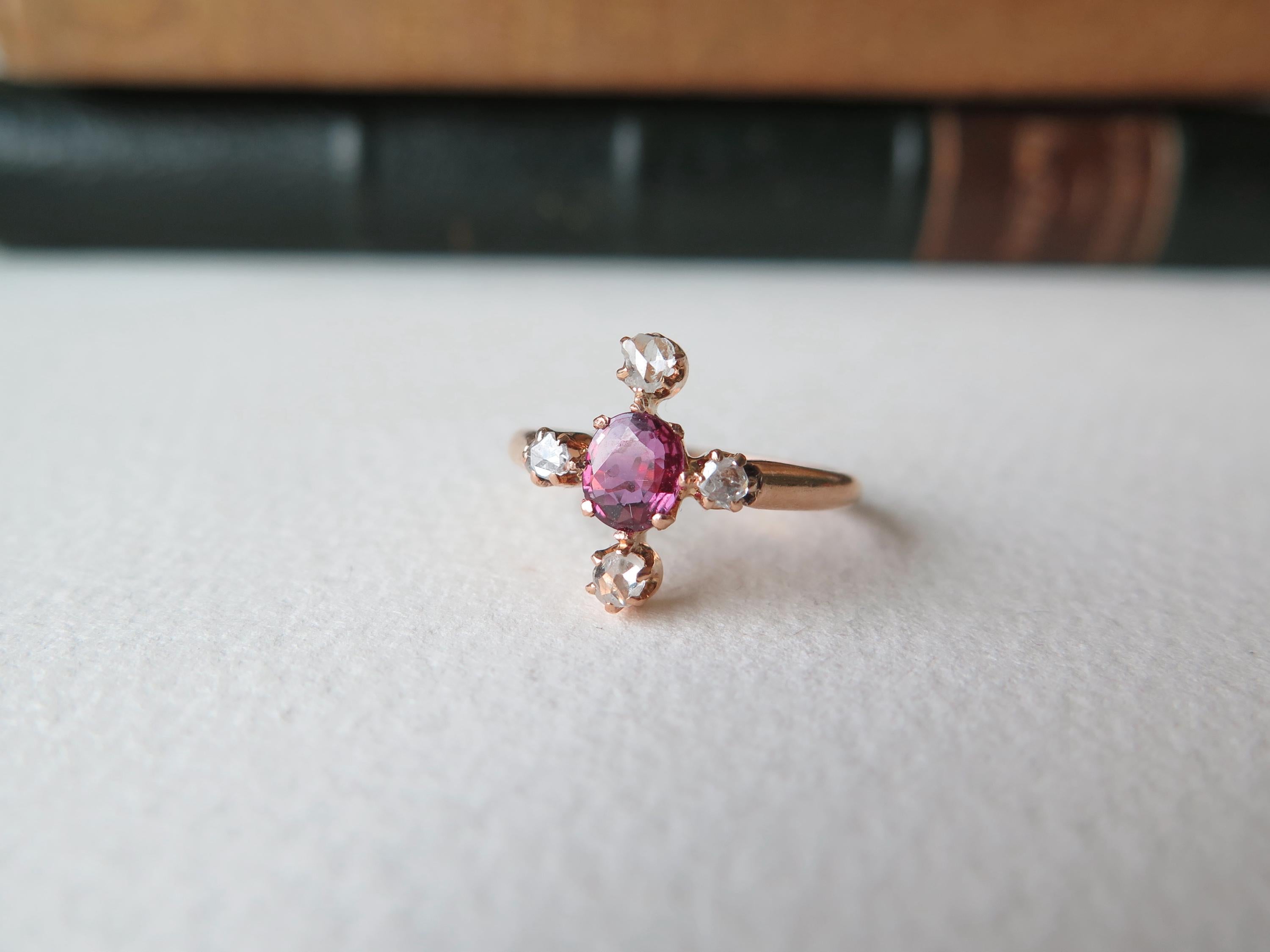 Antique Art Deco Ruby Ring: 18k Rose Gold, Rose Cut Diamonds