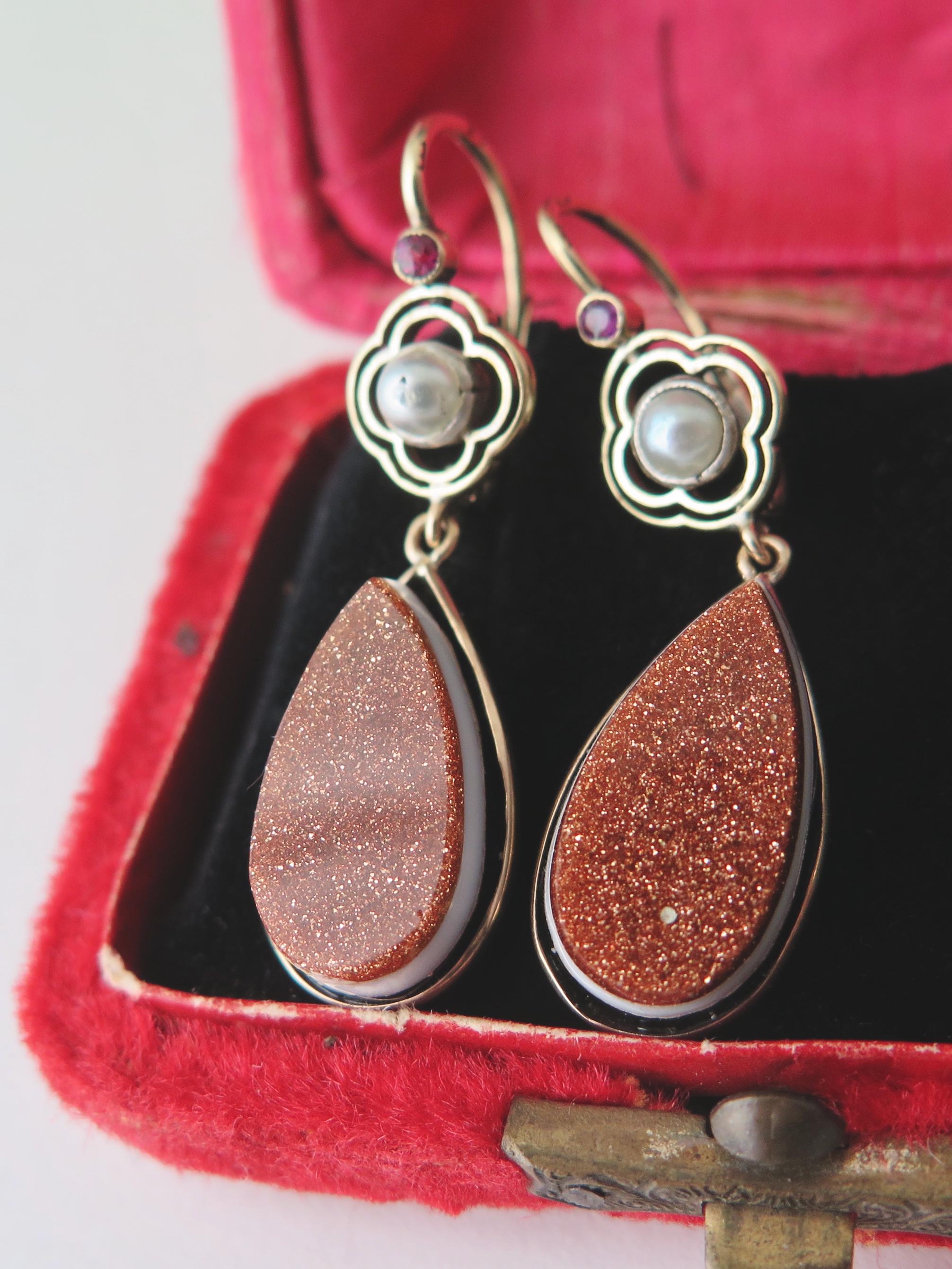 Antique Victorian Earrings, 14 k Gold, Goldstone, Banded Agate, Pearls, Rubies Dangle Earrings