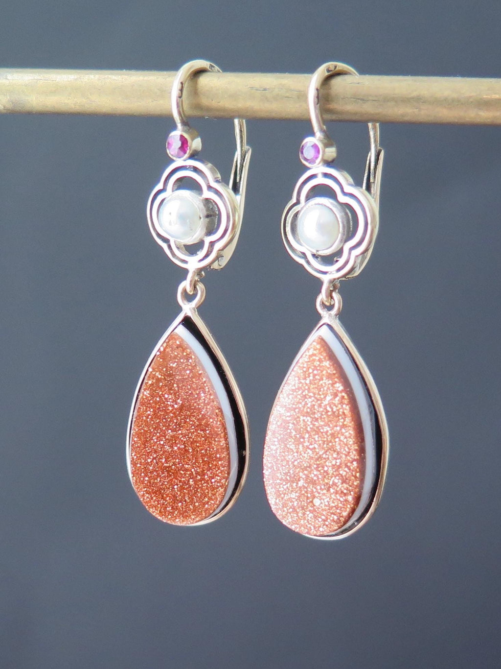 Antique Victorian Earrings, 14 k Gold, Goldstone, Banded Agate, Pearls, Rubies Dangle Earrings