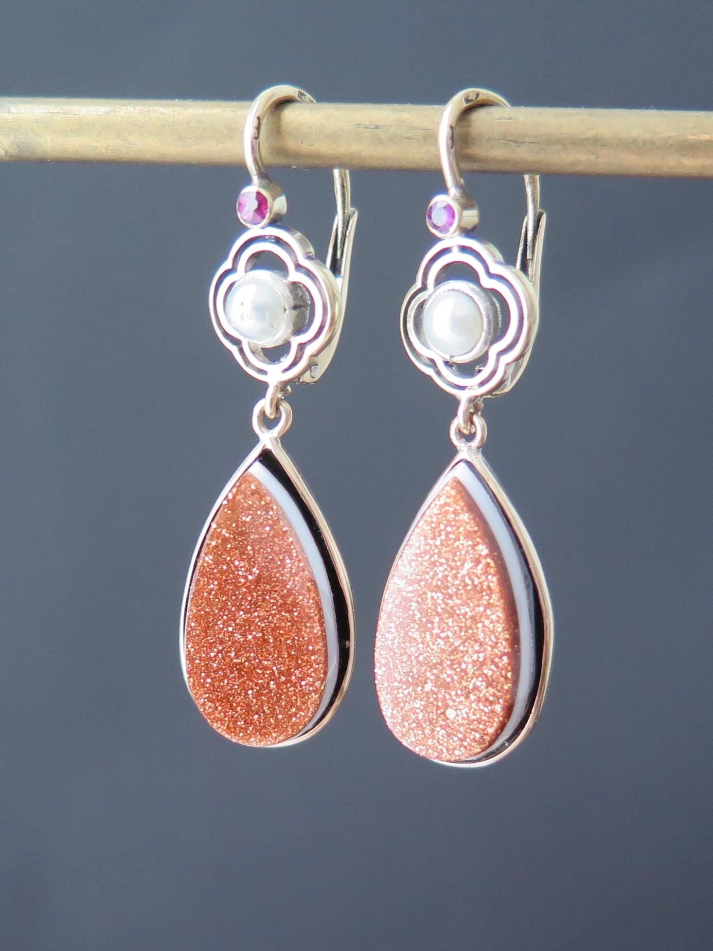 Antique Victorian Earrings, 14 k Gold, Goldstone, Banded Agate, Pearls, Rubies Dangle Earrings