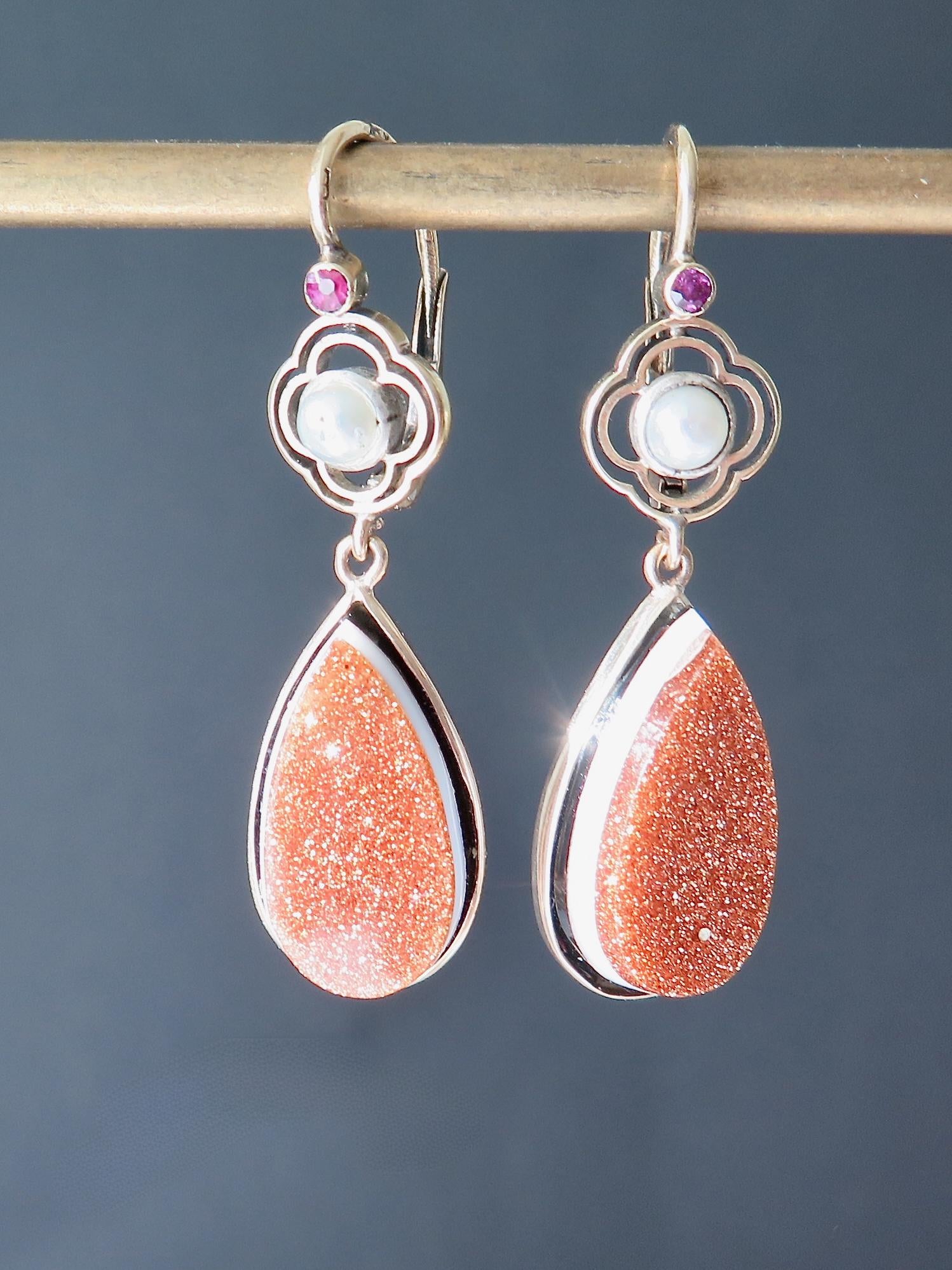 Antique Victorian Earrings, 14 k Gold, Goldstone, Banded Agate, Pearls, Rubies Dangle Earrings