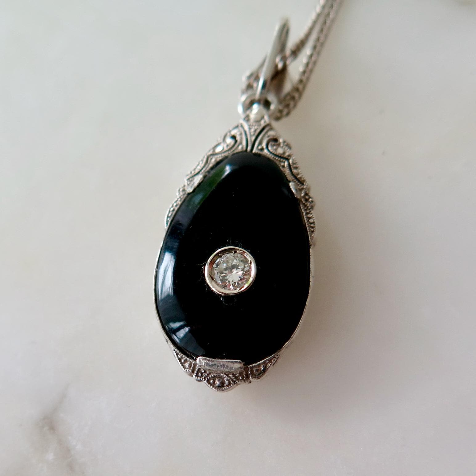 Antique Art Deco Necklace with Onyx and Diamond, Silver, Early 1900s