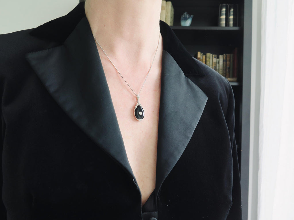 Antique Art Deco Necklace with Onyx and Diamond, Silver, Early 1900s