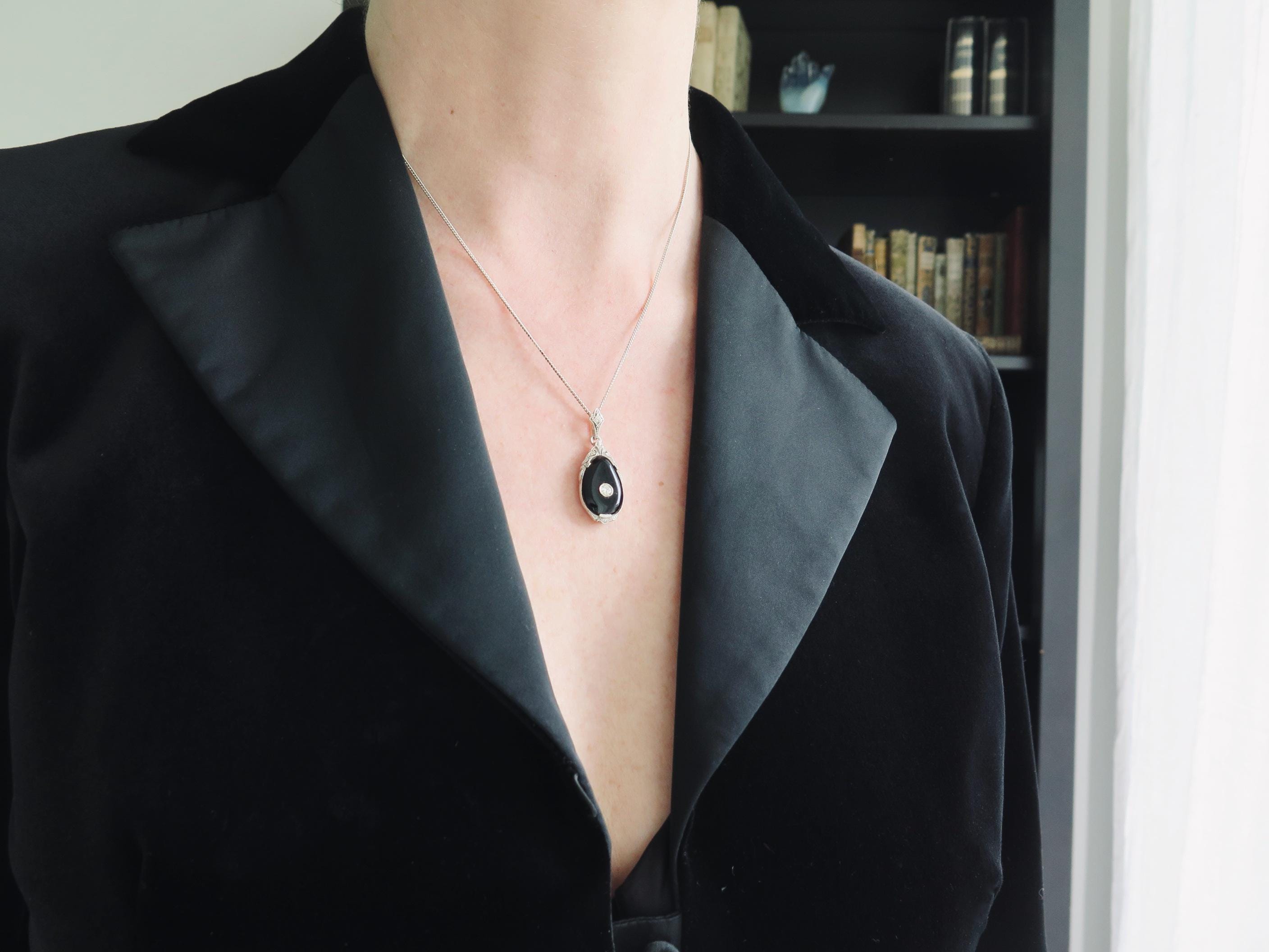 Antique Art Deco Necklace with Onyx and Diamond, Silver, Early 1900s
