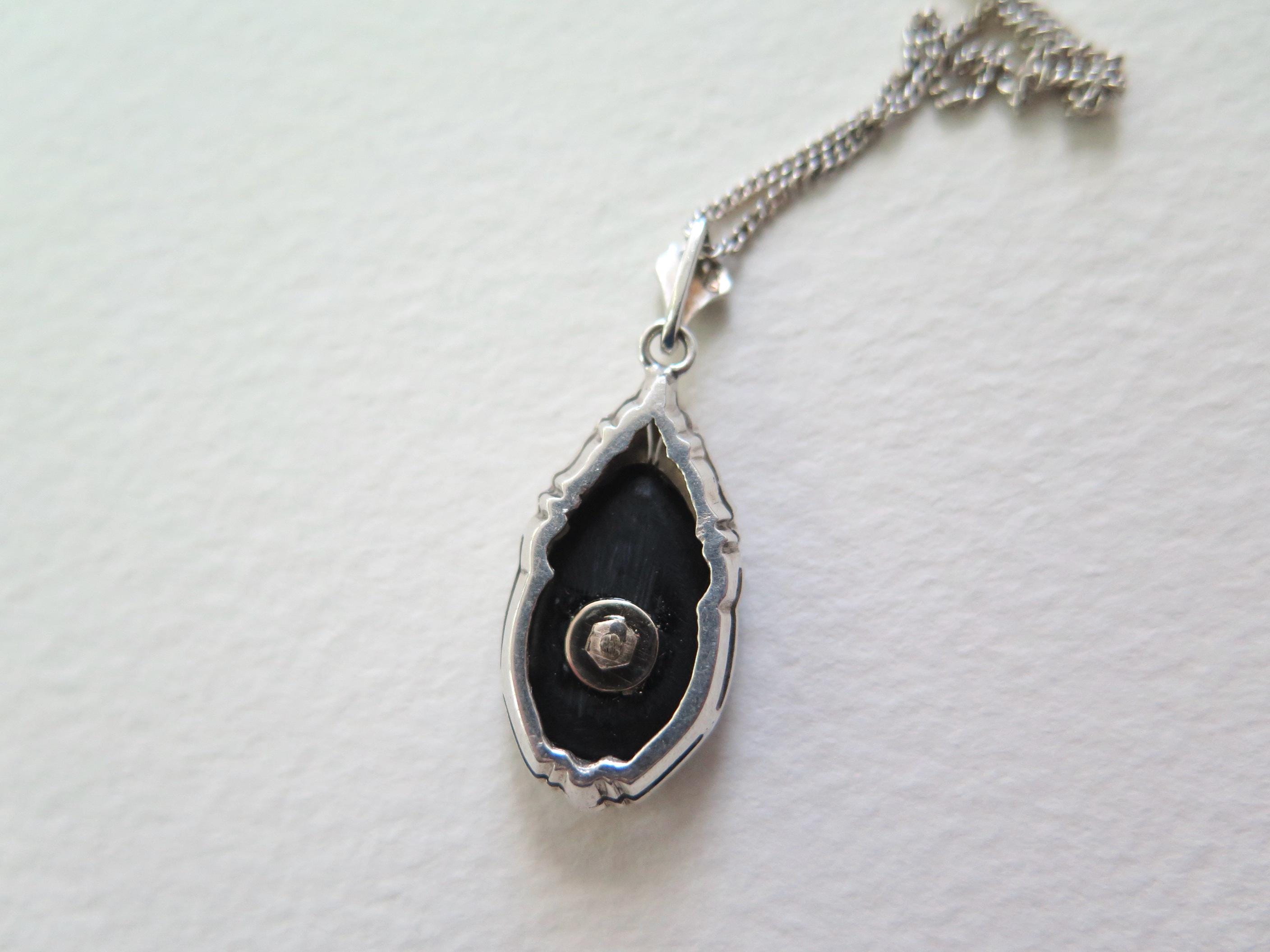 Antique Art Deco Necklace with Onyx and Diamond, Silver, Early 1900s