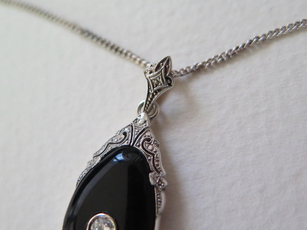 Antique Art Deco Necklace with Onyx and Diamond, Silver, Early 1900s