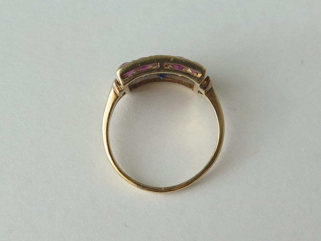 Vintage 1940s Ring with Diamonds, Rubies and Sapphires, 18k Gold