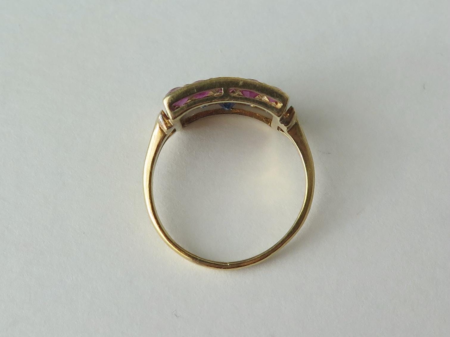 Vintage 1940s Ring with Diamonds, Rubies and Sapphires, 18k Gold