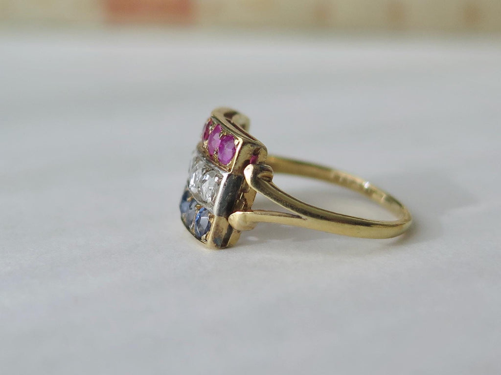 Vintage 1940s Ring with Diamonds, Rubies and Sapphires, 18k Gold
