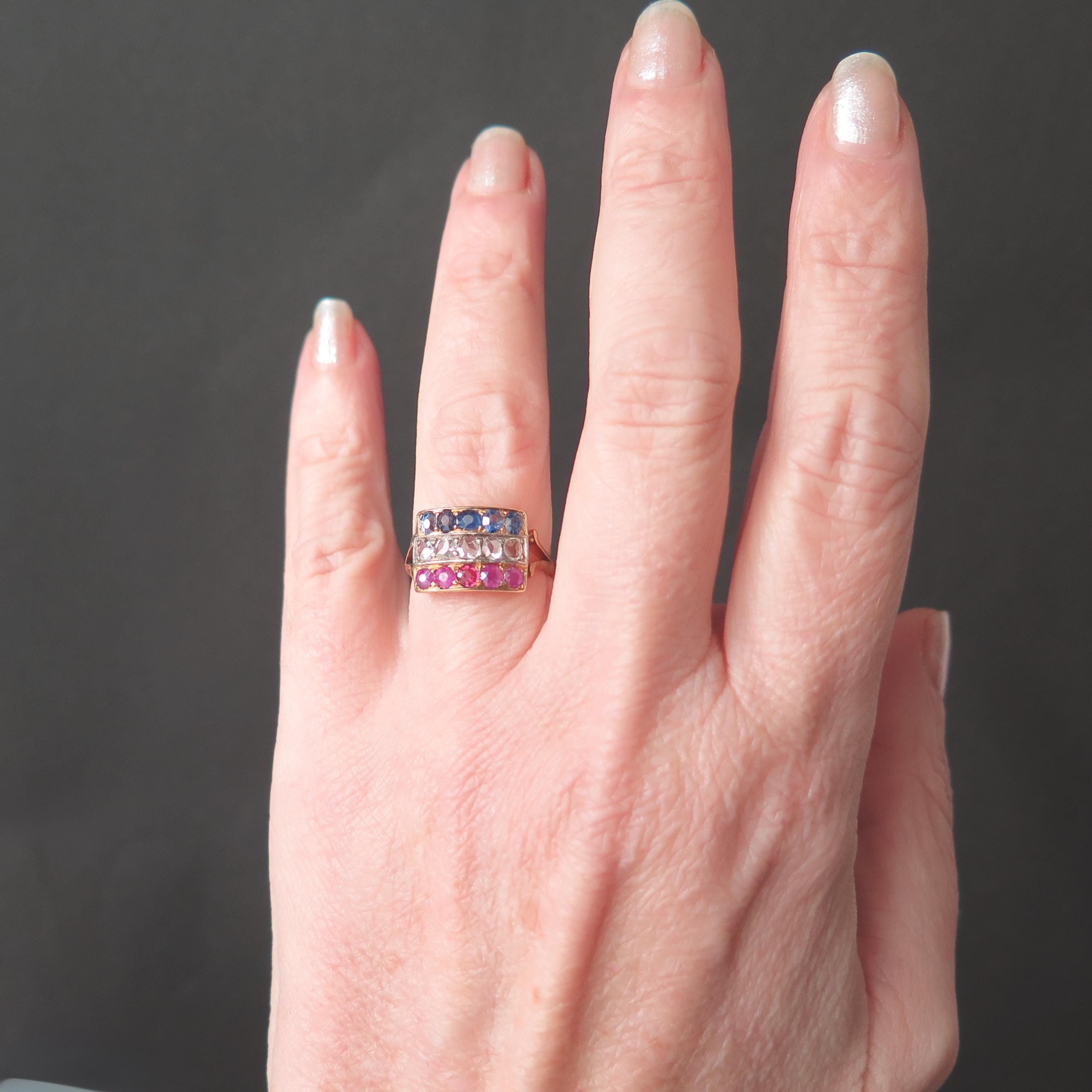 Vintage 1940s Ring with Diamonds, Rubies and Sapphires, 18k Gold