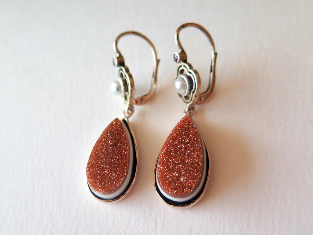 Antique Victorian Earrings, 14 k Gold, Goldstone, Banded Agate, Pearls, Rubies Dangle Earrings