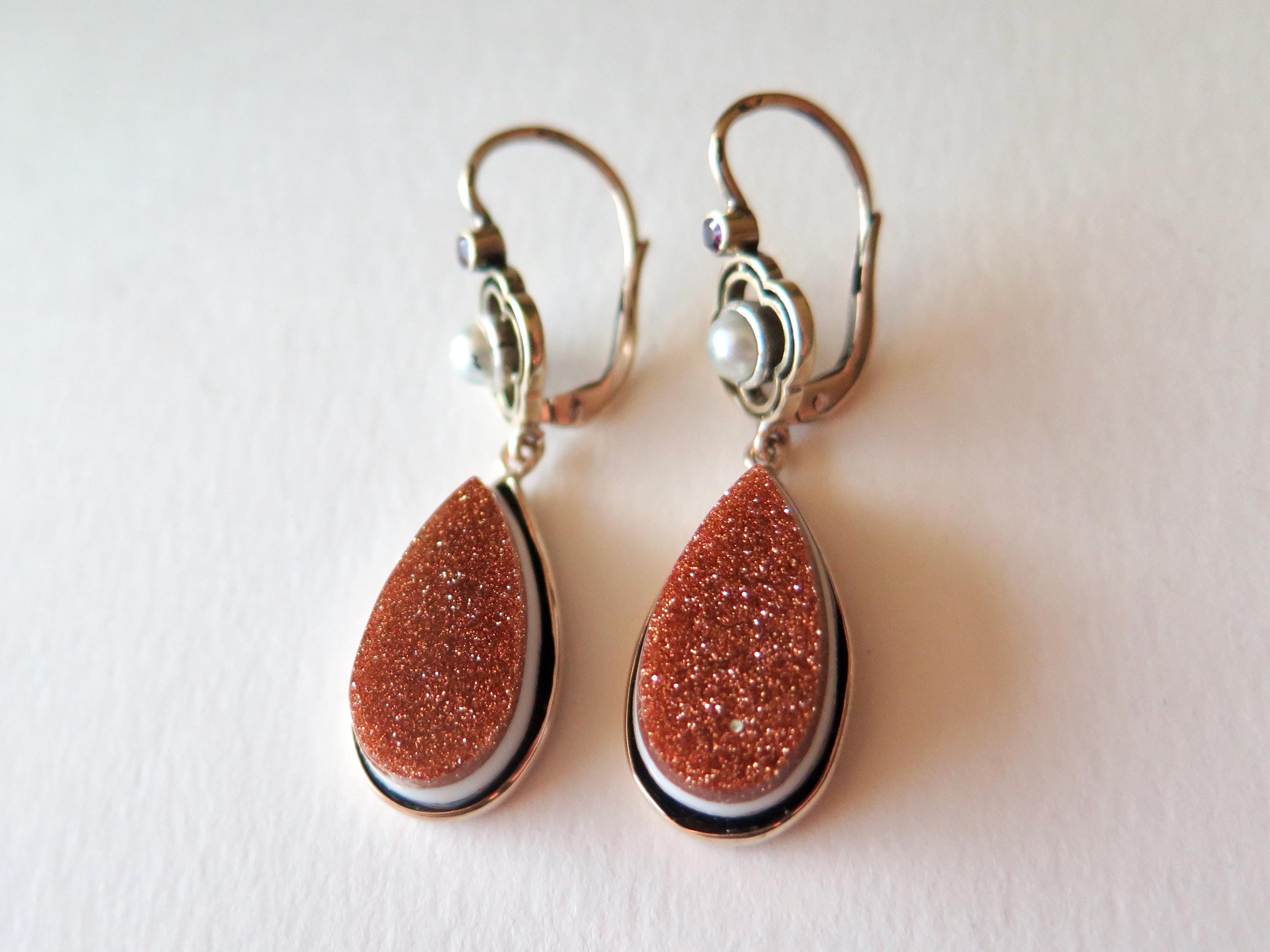 Antique Victorian Earrings, 14 k Gold, Goldstone, Banded Agate, Pearls, Rubies Dangle Earrings