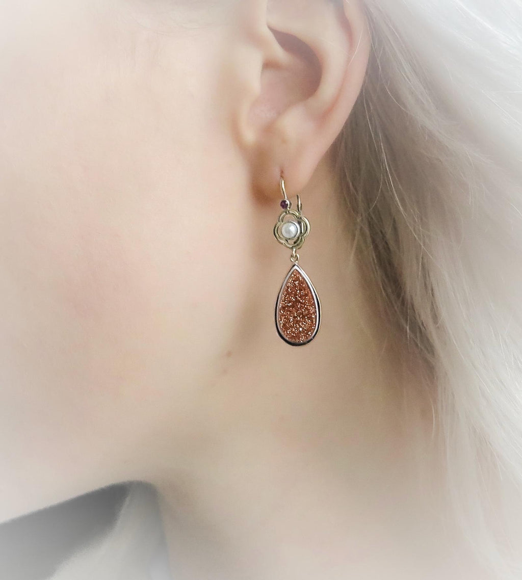 Antique Victorian Earrings, 14 k Gold, Goldstone, Banded Agate, Pearls, Rubies Dangle Earrings
