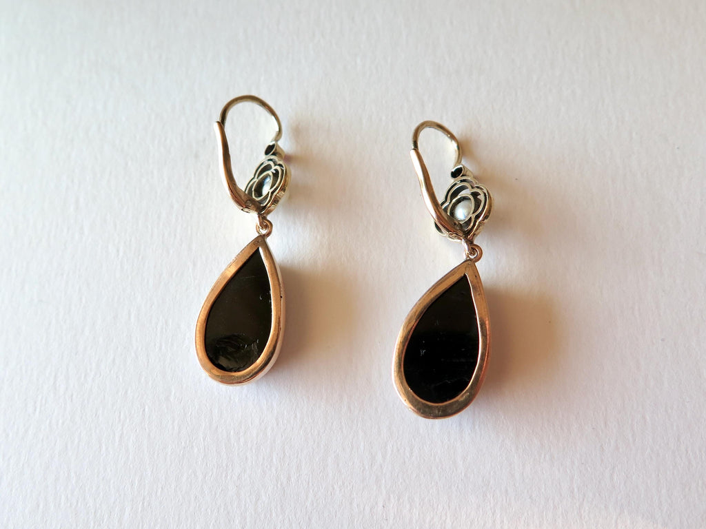 Antique Victorian Earrings, 14 k Gold, Goldstone, Banded Agate, Pearls, Rubies Dangle Earrings