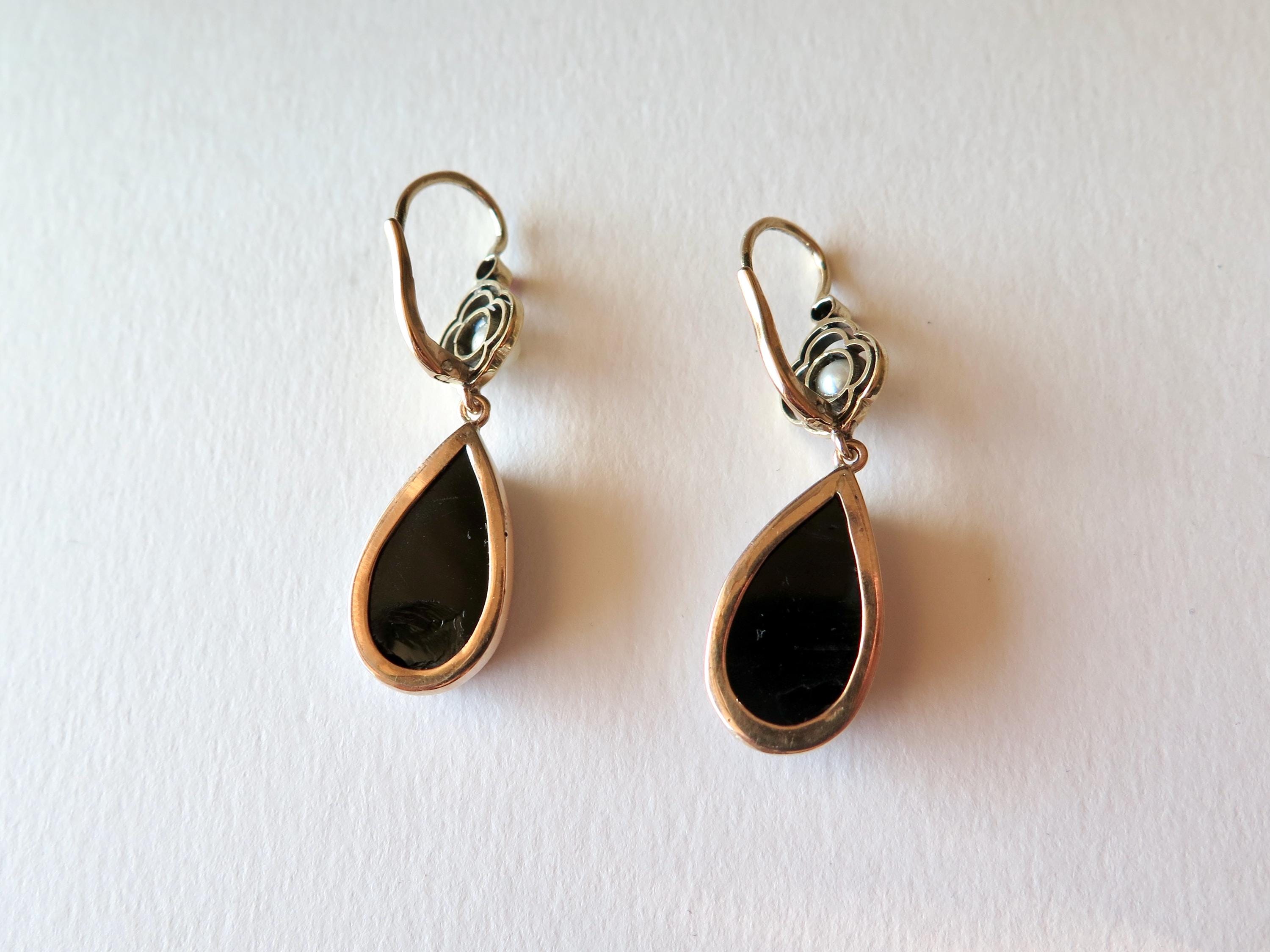 Antique Victorian Earrings, 14 k Gold, Goldstone, Banded Agate, Pearls, Rubies Dangle Earrings
