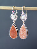 Antique Victorian Earrings, 14 k Gold, Goldstone, Banded Agate, Pearls, Rubies Dangle Earrings