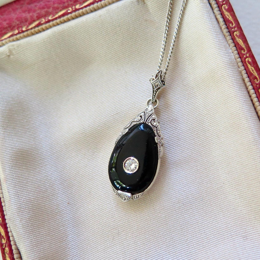 Antique Art Deco Necklace with Onyx and Diamond, Silver, Early 1900s