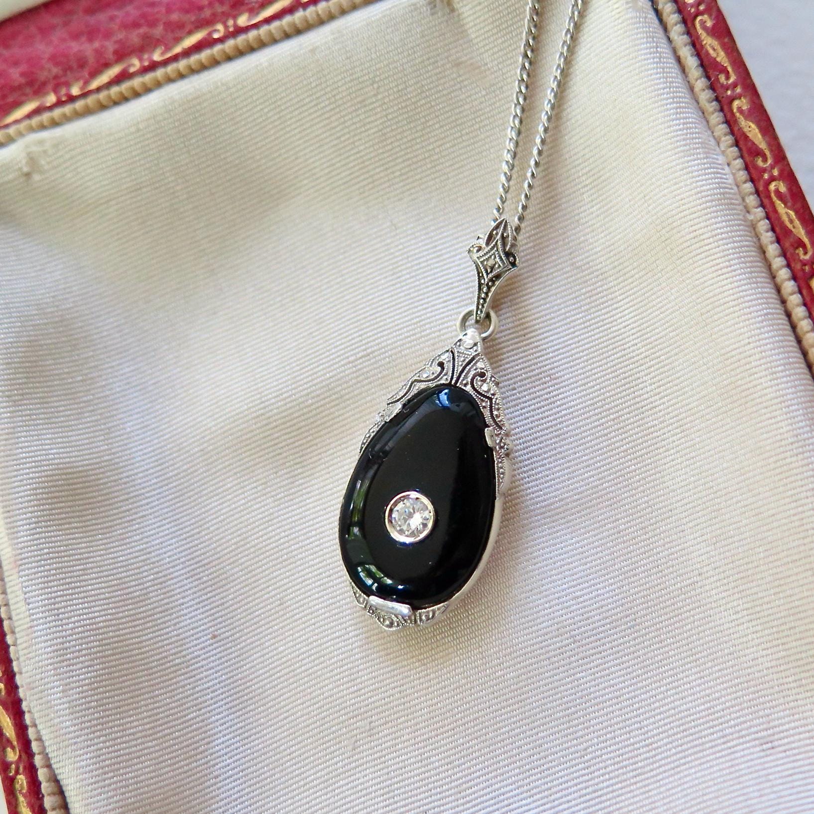Antique Art Deco Necklace with Onyx and Diamond, Silver, Early 1900s