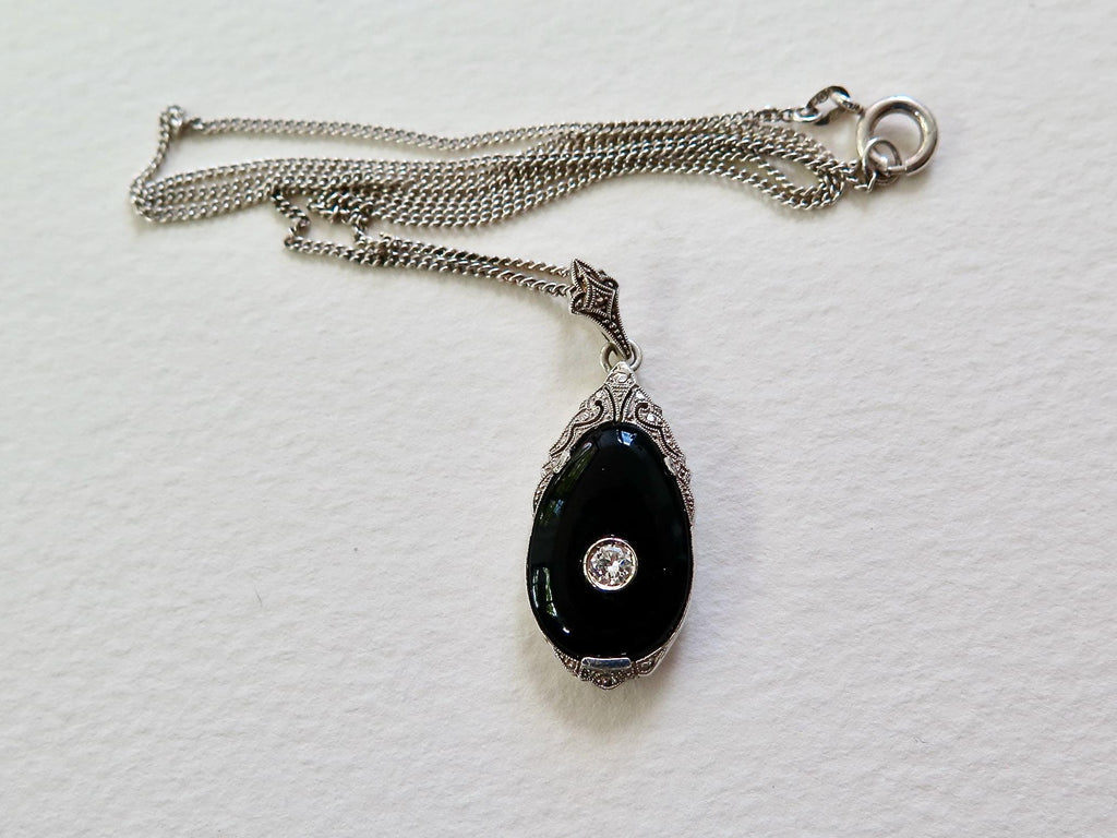 Antique Art Deco Necklace with Onyx and Diamond, Silver, Early 1900s