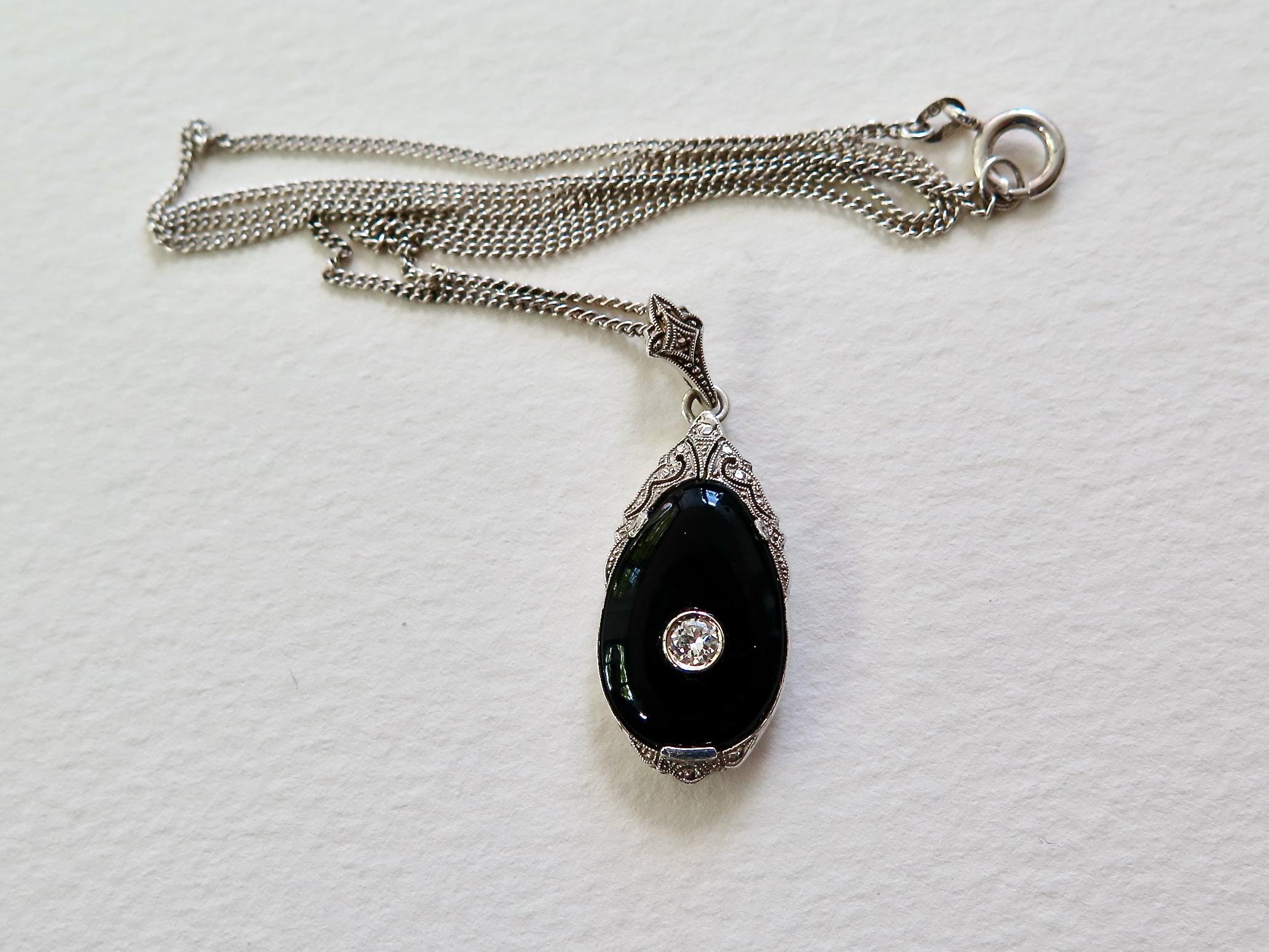 Antique Art Deco Necklace with Onyx and Diamond, Silver, Early 1900s