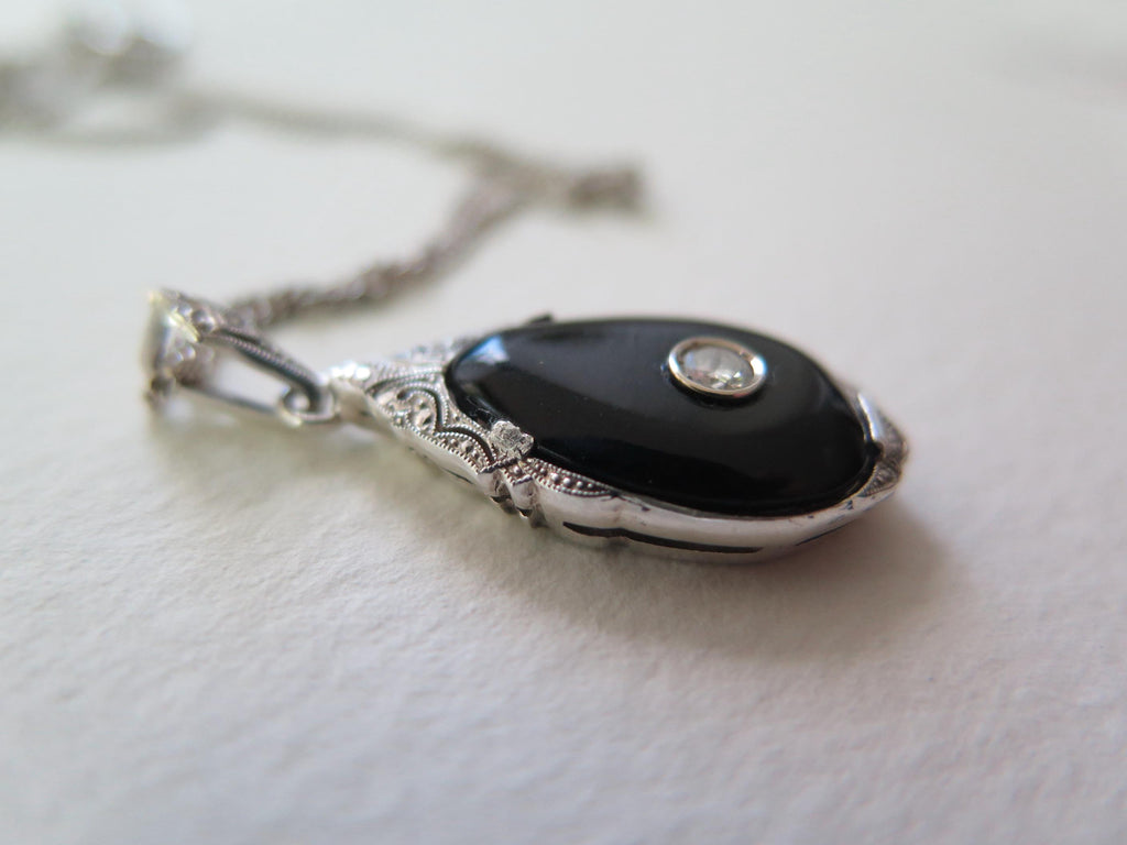 Antique Art Deco Necklace with Onyx and Diamond, Silver, Early 1900s