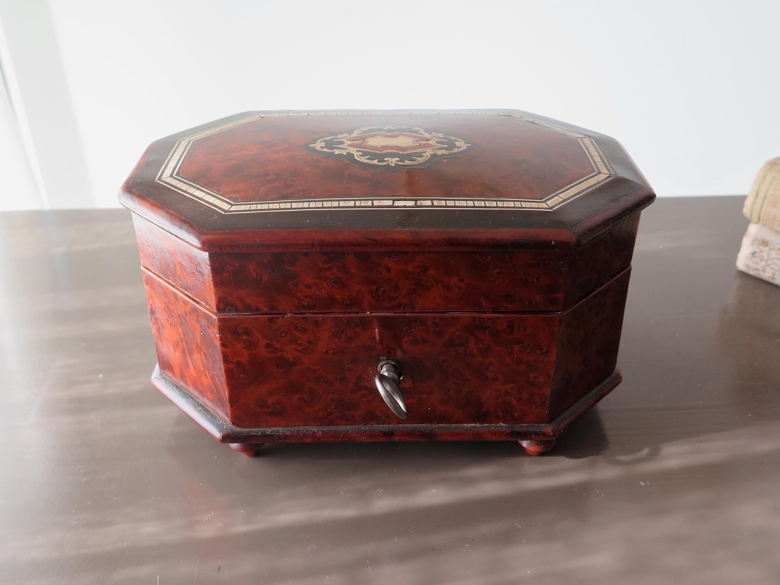 Antique Victorian Burl Walnut Jewelry Box: Blue Tufted Silk Interior