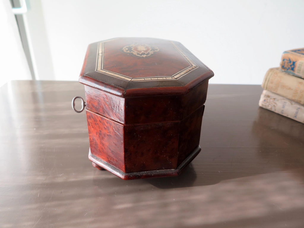 Antique Victorian Burl Walnut Jewelry Box: Blue Tufted Silk Interior