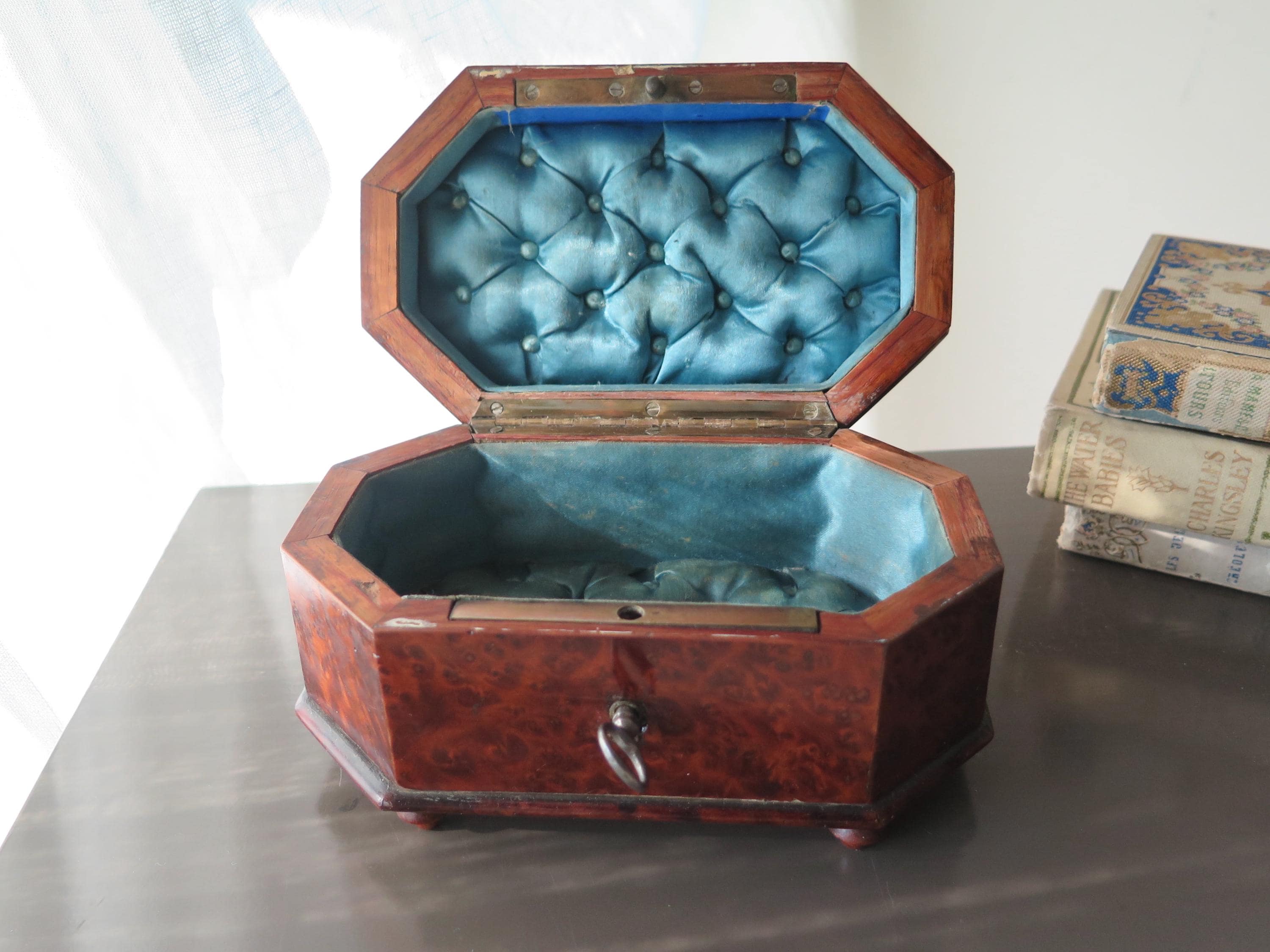 Antique Victorian Burl Walnut Jewelry Box: Blue Tufted Silk Interior