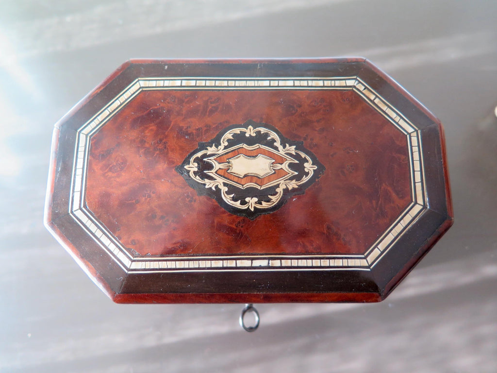 Antique Victorian Burl Walnut Jewelry Box: Blue Tufted Silk Interior