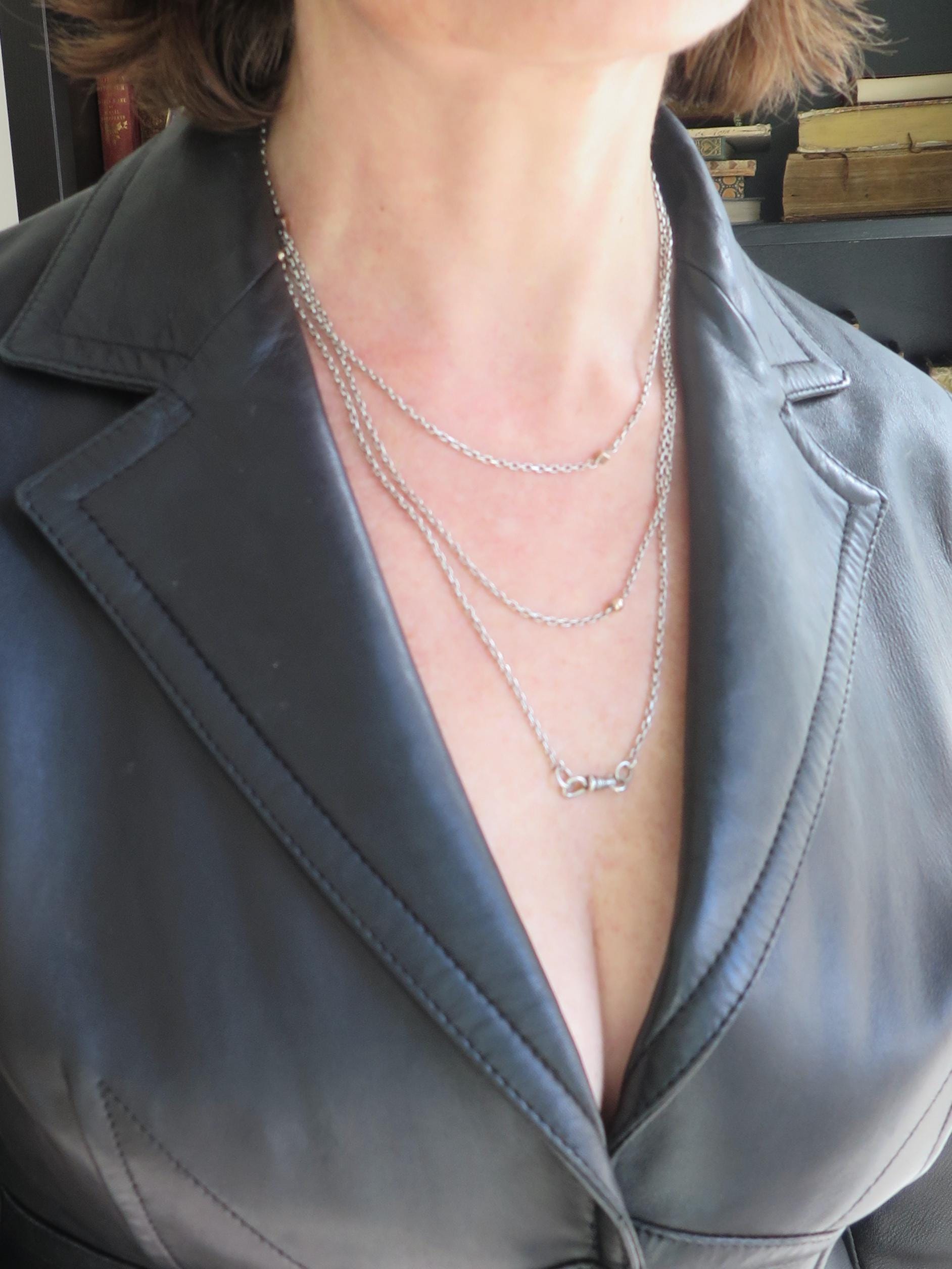 Antique 58" Silver & Rose Gold Long Guard Chain: Edwardian Art Deco Muff Chain