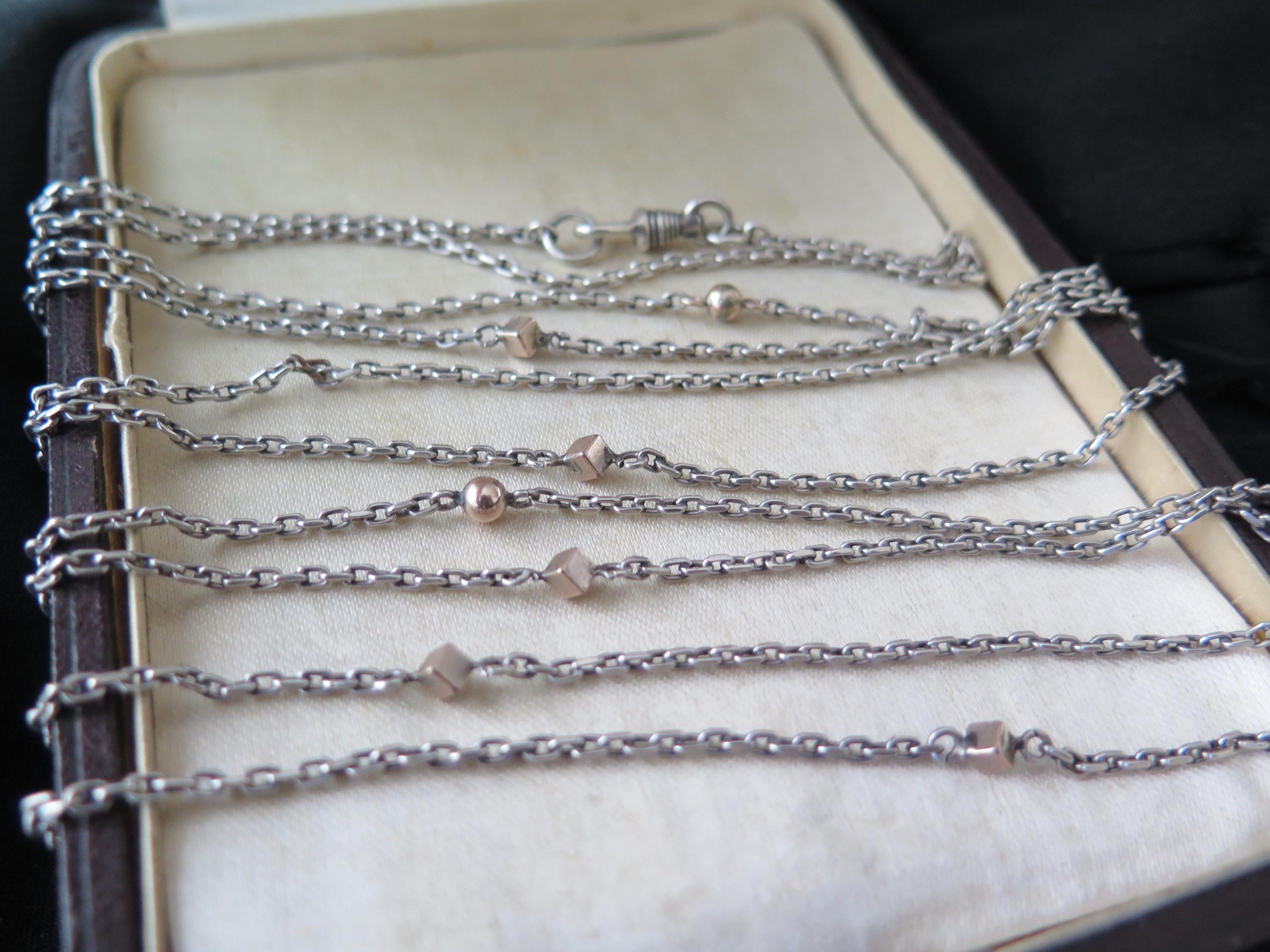 Antique 58" Silver & Rose Gold Long Guard Chain: Edwardian Art Deco Muff Chain