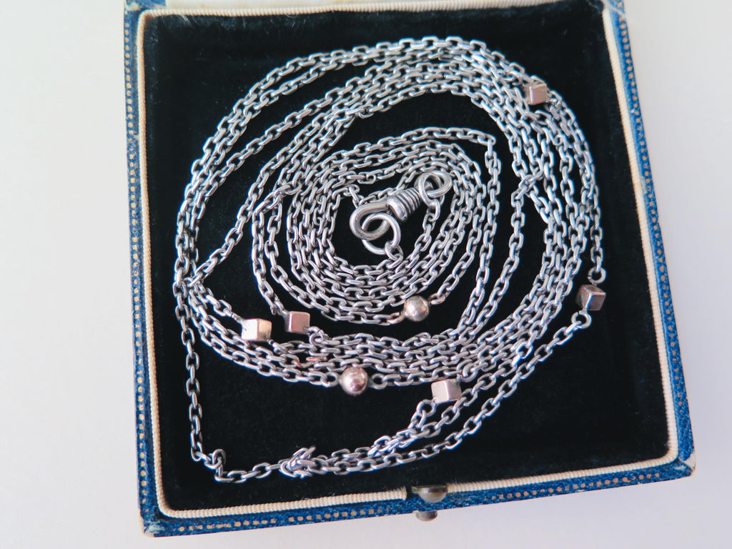 Antique 58" Silver & Rose Gold Long Guard Chain: Edwardian Art Deco Muff Chain