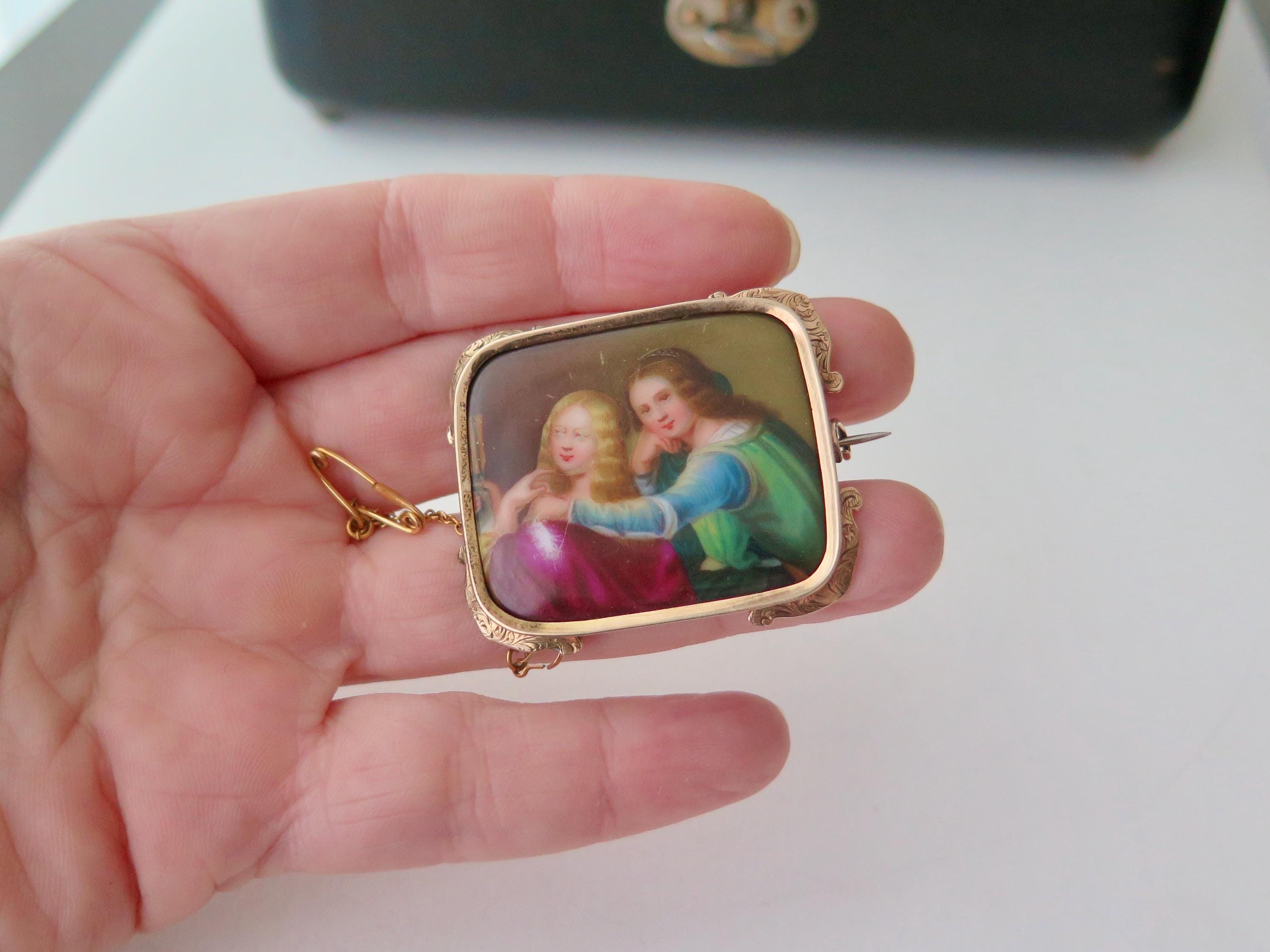 Antique 14k Gold Portrait Brooch: Hand-Painted Porcelain Two Women