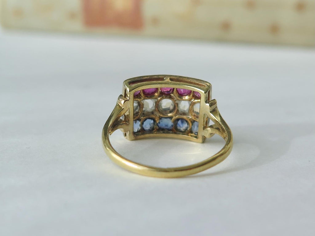 Vintage 1940s Ring with Diamonds, Rubies and Sapphires, 18k Gold