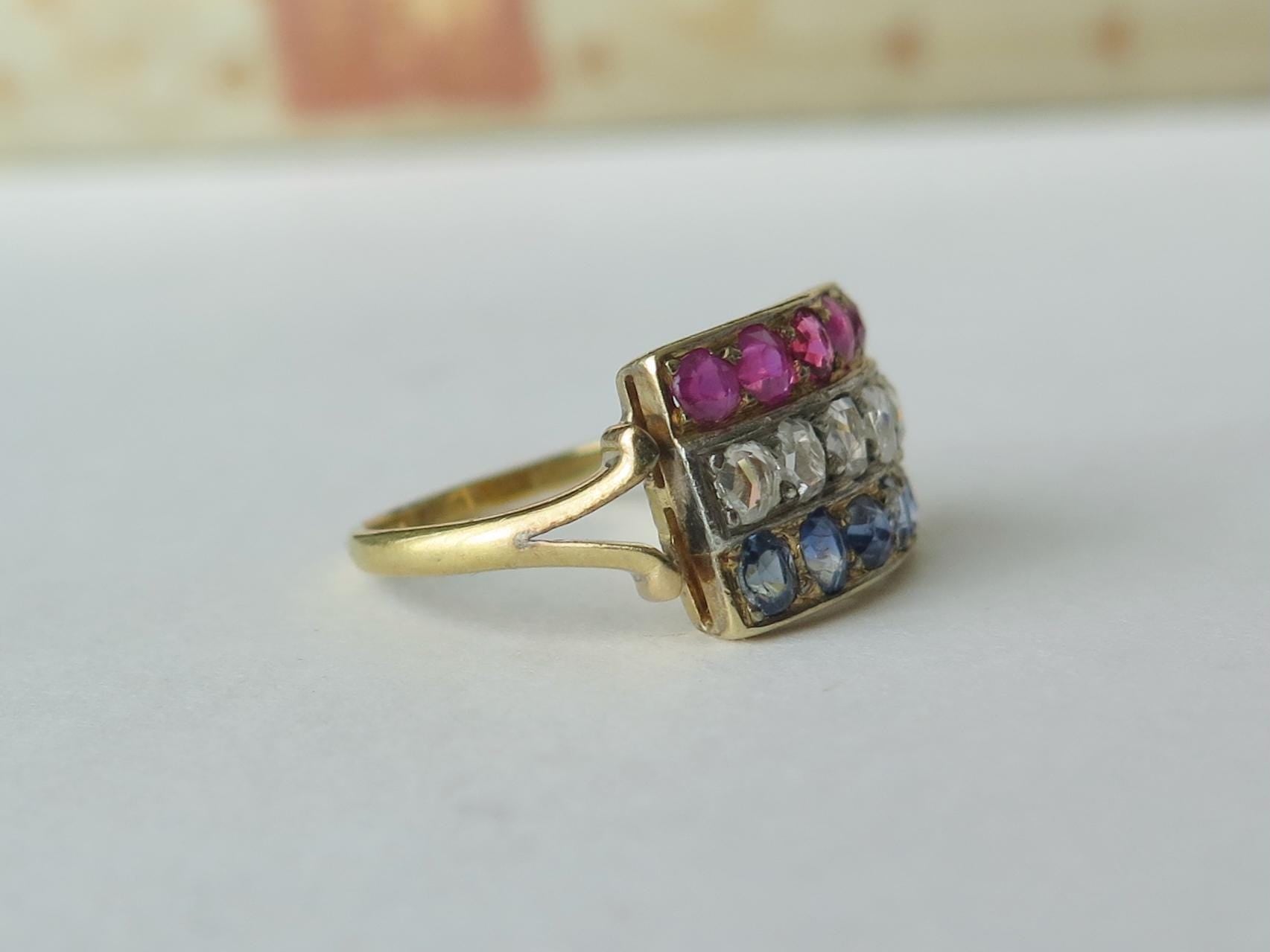 Vintage 1940s Ring with Diamonds, Rubies and Sapphires, 18k Gold