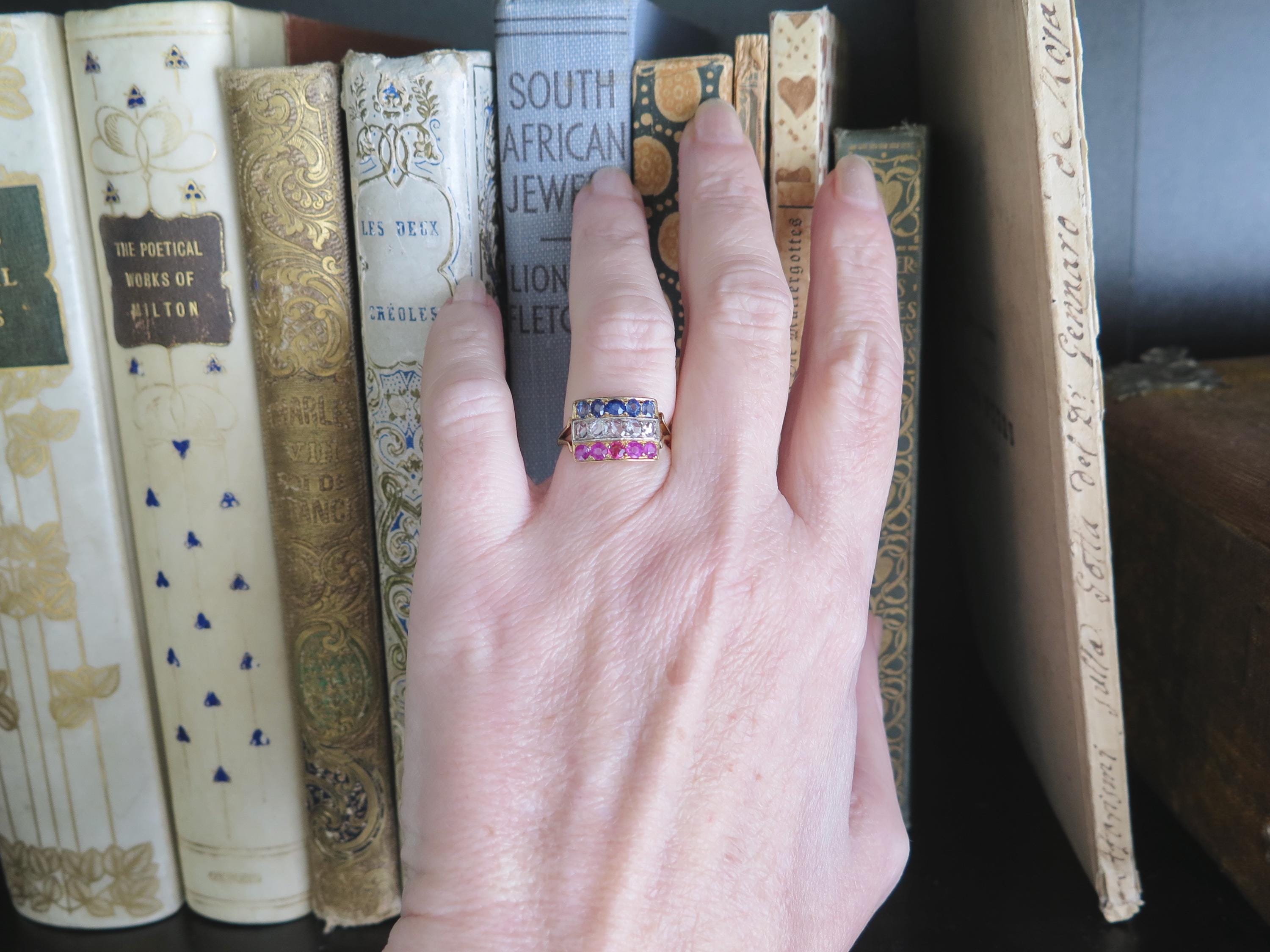 Vintage 1940s Ring with Diamonds, Rubies and Sapphires, 18k Gold