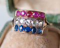 Vintage 1940s ring with rubies, diamonds, sapphires, 18k gold