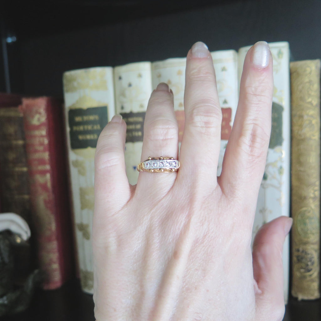 Vintage 18k Gold Rock Crystal Ring: Five Stone Riviere Design