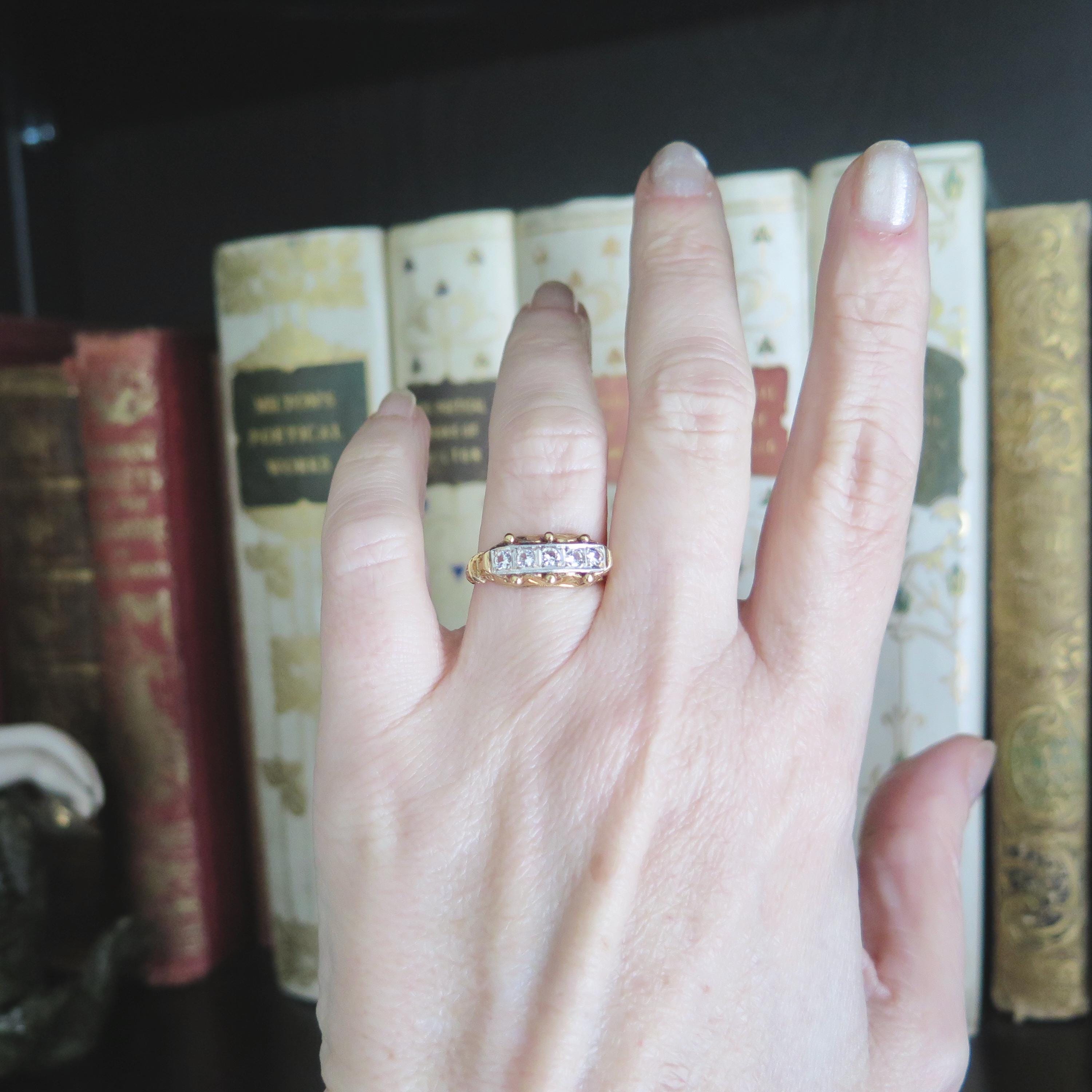 Vintage 18k Gold Rock Crystal Ring: Five Stone Riviere Design